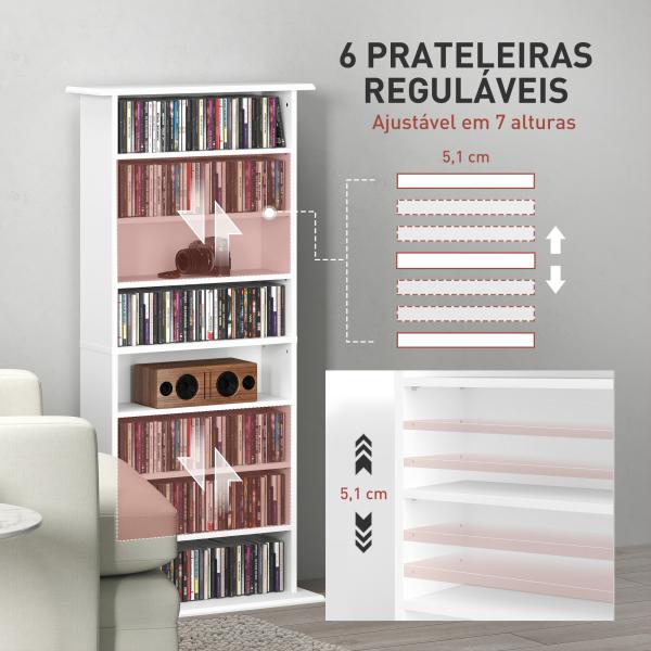 Estante Estreita para CDs e DVDs com 8 Compartimentos Prateleiras Ajustáveis 58x24x126,3 cm Branco