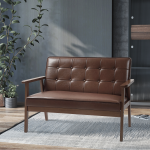 Sofá de 2 Lugares Estofado em Couro PU com Apoio para os Braços de Madeira para Sala de Estar Dormitório115x70x81 cm Marrom
