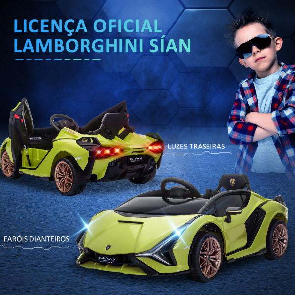 Carro Elétrico Infantil Lamborghini SIAN 12V para Crianças de 3 - 8 anos com Controle Remoto Abertura da Porta Música MP3 USB e Faróis 108x62x40 cm Verde