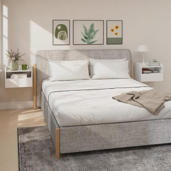 Conjunto de 2 Mesas de Cabeceira Flutuantes com Estação de Carregamento Gaveta Prateleira Aberta Estilo Moderno 40x29x29 cm Branco