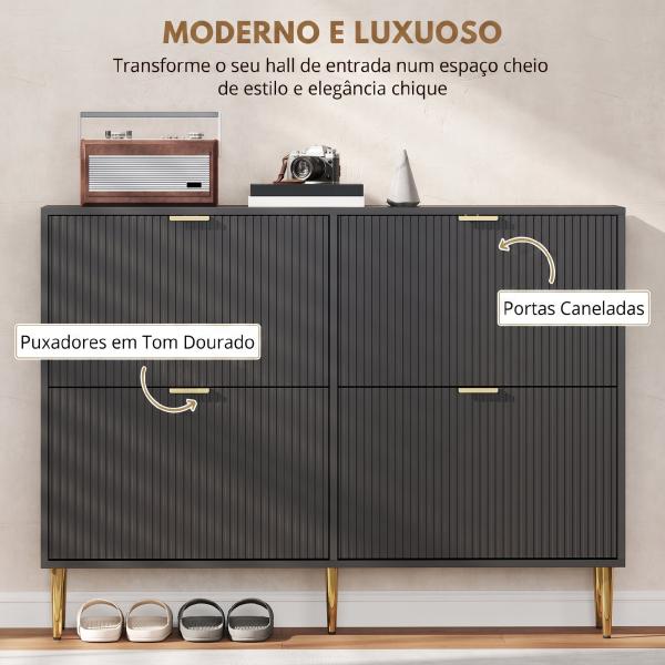 Sapateira Estreita com 4 Portas Caneladas e Estantes Ajustáveis para 20 Pares 105x24x91,5 cm Preto
