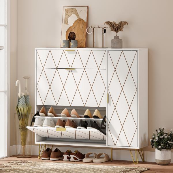 Sapateira Estreita com 2 Compartimentos Abatíveis Armário e Prateleiras Ajustáveis 10 - 14 Pares de Sapatos 110x25x110,6 cm Branco