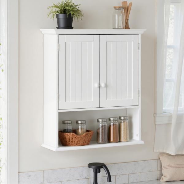 Armário Casa de Banho com 2 Portas Prateleira Interior Ajustável e Compartimento Aberto Móvel Auxiliar Suspenso Multiúso para Cozinha 60x20x70,5cm Branco