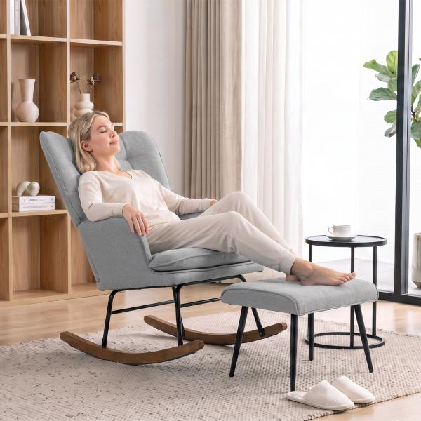 Poltrona Baloiço com Apoio para os Pés Poltrona Relax com Almofada Acolchoada e Anti - Tombo 64x89x90 cm Cinzento