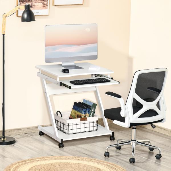 Mesa de Computador com Rodas 60x48 cm com Gaveta Deslizante para Teclado e Prateleira Inferior Estrutura Metálica Branca