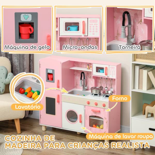 Cozinha de Madeira para Crianças com Sons Fogão Forno Micro - Ondas Máquina de Gelo e Acessórios 90x33,3x91,6 cm Rosa