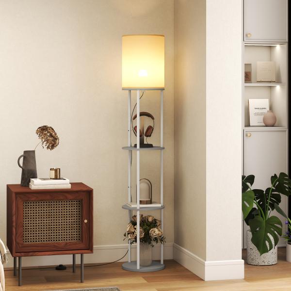 Candeeiro de Pé com Prateleiras 3 Temperaturas de Cor Controlo Remoto e Casquilho E27 Ø29x158 cm Cinzento