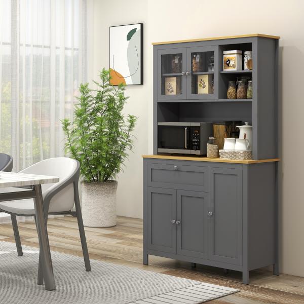 Armário de Cozinha Alto com 5 Portas Prateleira Ajustável, Gaveta Bancada Aberta para Microondas Orifício para Cabo 100x40x180 cm Cinza