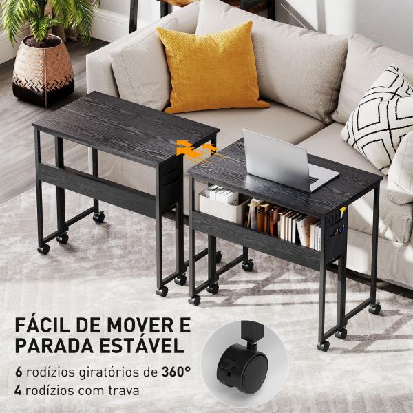 Secretária Dobrável com Rodas Prateleira e Bolso de Armazenamento Ideal para Espaços Pequenos 80x50x75 cm Preto