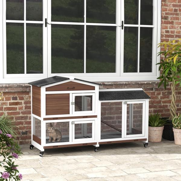 Casota para Coelhos para Exterior 157,4x53x99,5 cm Gaiola Grande com Rodas, Telhado Asfáltico, Tabuleiros Removíveis e Rampa Castanha