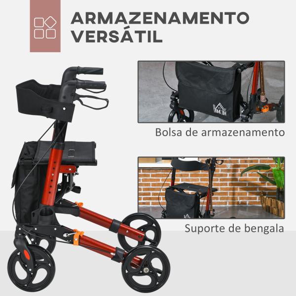 Andarilho para Idosos Dobrável em Alumínio com Assento 4 Rodas Altura Ajustável Travões de Mão Vermelho e Preto