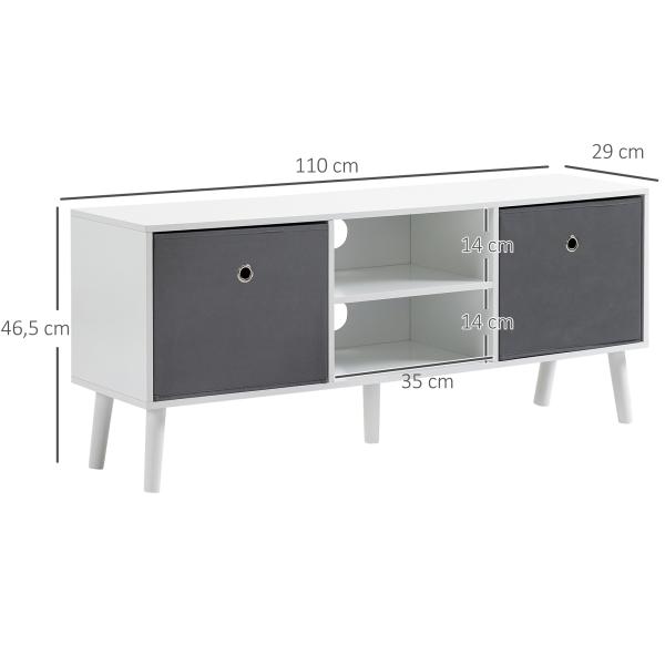 Móvel de TV para Televisores de até 50 Polegadas Móvel de Sala de Estar Moderno com 2 Gavetas de Tecido 2 Prateleiras Abertas e Orifício Passa Cabos 110x29x46,5cm Branco e Cinza