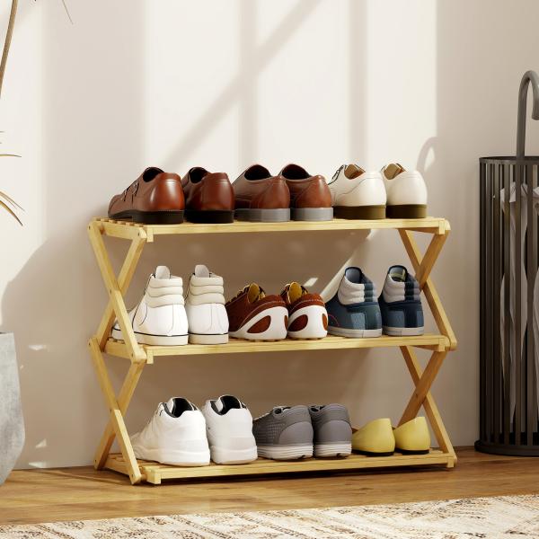 Sapateira Estreita de Bambu Dobrável de 3 Níveis para Entrada Corredor Quarto 60x29x45,5 cm Madeira