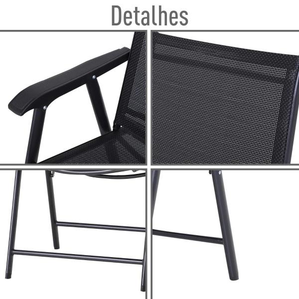 Conjunto de 2 cadeiras dobráveis para exterior com apoio de braços Cadeiras para varanda Jardim Terraço 58x64x94 cm Preto Carga 100kg