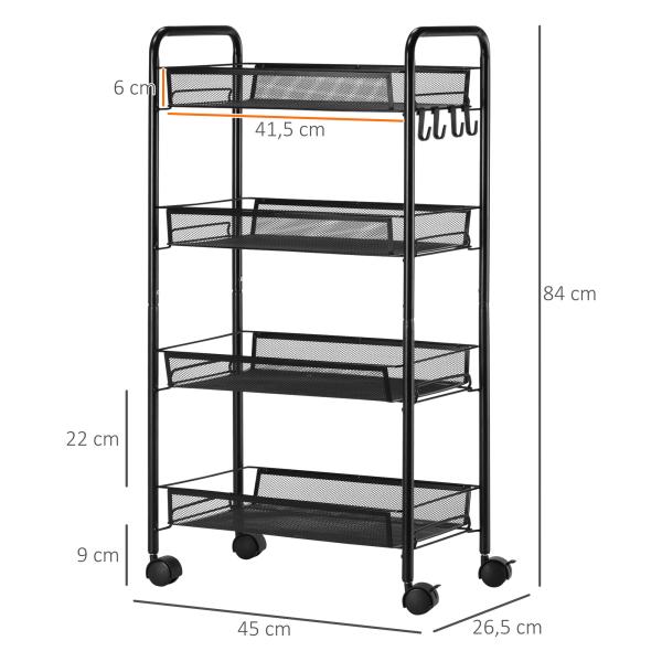 Carrinho Auxiliar com Rodas Carrinho de Cozinha de 4 Níveis Carrinho de Armazenamento com 4 Ganchos 45x26,5x84 cm Preto