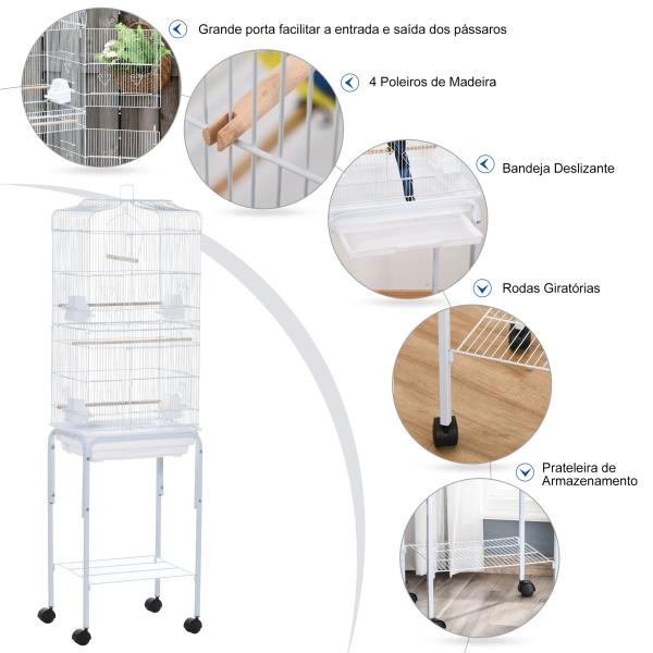 Gaiola para Passáros com Suporte com 4 Rodas Portas 4 Comedouros 3 Poleiros e Bandeja Removível 46,5x36x157cm Branco