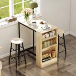 Conjunto Mesa Alta com 2 Bancos Apoios para os Pés 3 Compartimentos Prateleira Ajustável para Cozinha Carvalho