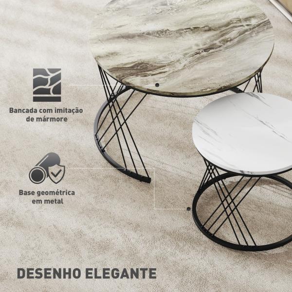 Conjunto de 2 Mesas Auxiliares Redondas com Bancada com Imitação de Mármore Estrutura de Metal Cinzento e Branco