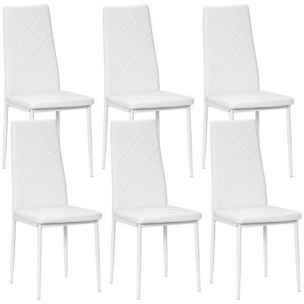 Conjunto de 6 Cadeiras de Sala de Jantar Estofadas em Couro Sintético com Encosto Alto e Pés de Aço 41x50x97 cm Branco