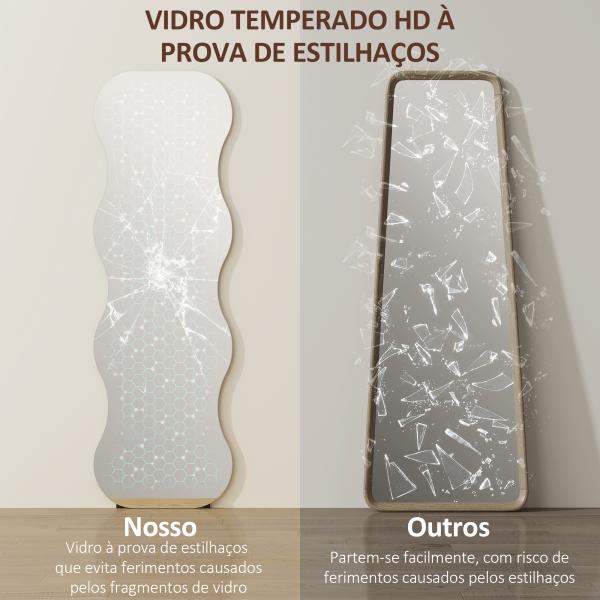 Espelho de Pé 160x50 cm sem Moldura Espelho de Corpo Inteiro com Forma Ondulada Suporte e Base de Madeira Preto