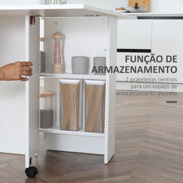 Mesa de Sala de Jantar Dobrável Mesa de Madeira com 2 Prateleiras de Armazenamento e Rodas para Cozinha 75x140x74 cm Branco