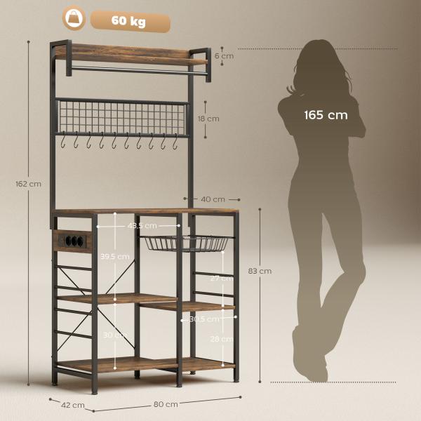 Estante de Cozinha com Três Tomadas e Luzes LED Estilo Industrial com Prateleiras para Micro - ondas 80x42x162 cm Castanho Rústico e Preto