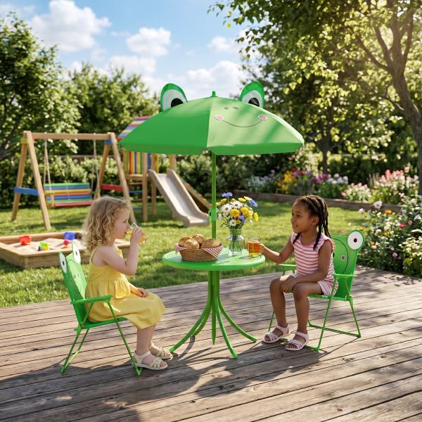 Conjunto de Mesa e Cadeira de Jardim Conjunto de Picnic Dobrável para Crianças Conjunto de Mesa com Chapéu de Sol com Altura Ajustável 100 - 125cm Desenho de Sapo Verde