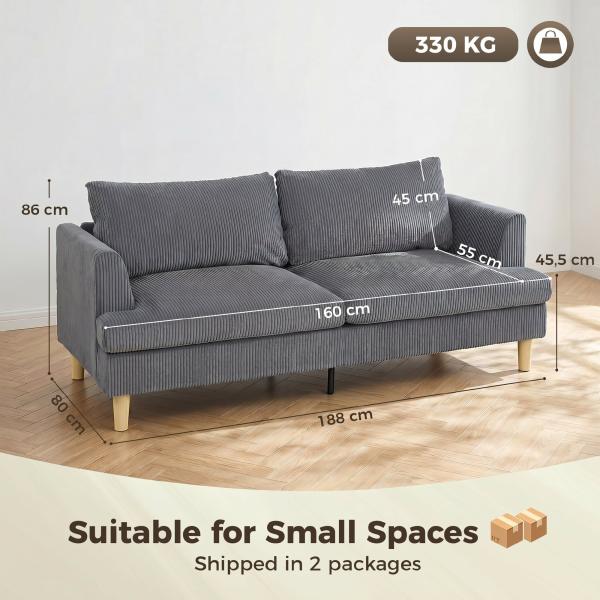 Sofá de 3 Lugares Revestido em Veludo Almofadas Espessas com Molas Assento Largo 2 Almofadas 188x80x86 cm Cinzento Escuro