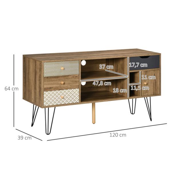 Móvel de TV com Prateleira de Armazenamento 4 Gavetas e Pés de Metal para Televisores de até 50 Polegadas 120x39x64cm Marrom