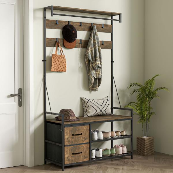 Móvel Cabide de Entrada com Banco 10 Ganchos 2 Gavetas e Barra para Pendurar Estilo Industrial 100x40x180 cm Castanho Rústico
