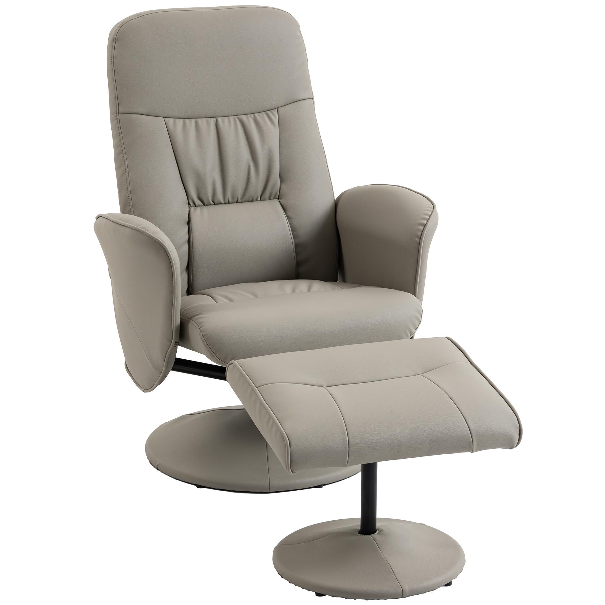 Cadeira Relax Reclinável com Otomana Encosto Alto Giratória 360° Apoios de Braços Bege Cinzento