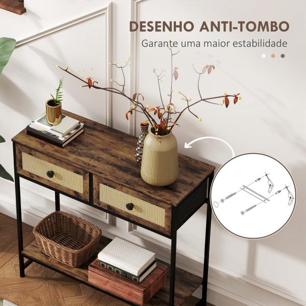Mesa Consola Móvel de Entrada com Prateleira Aberta 2 Gavetas Frente em Vime Consola de Entrada 80x30x75 cm Marrom Rústico