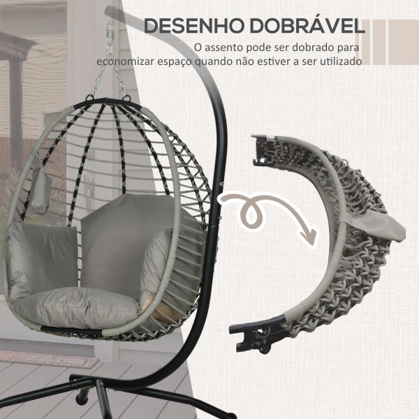 Cadeira Supensa com Suporte com Cesta Dobrável Almofada e Apoio para a Cabeça 110x100x188 cm Cinza e Preto