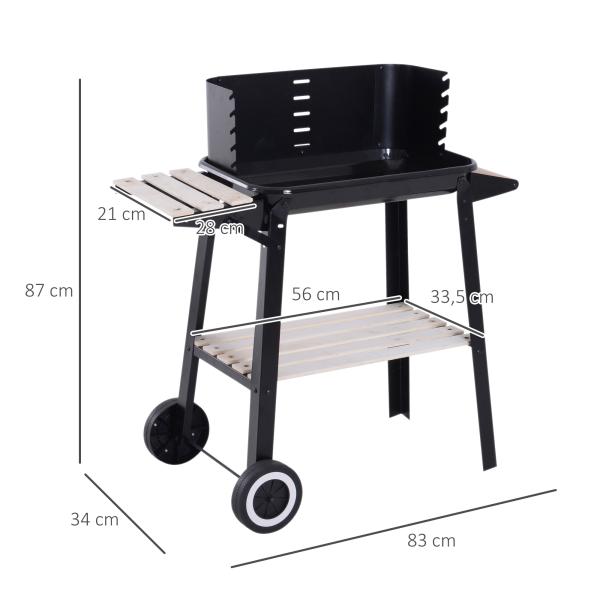 Barbecue a Carvão com Grelha Ajustável em Altura Prateleiras e Rodas para Jardim Exterior Campismo 83x45x87 cm Preto