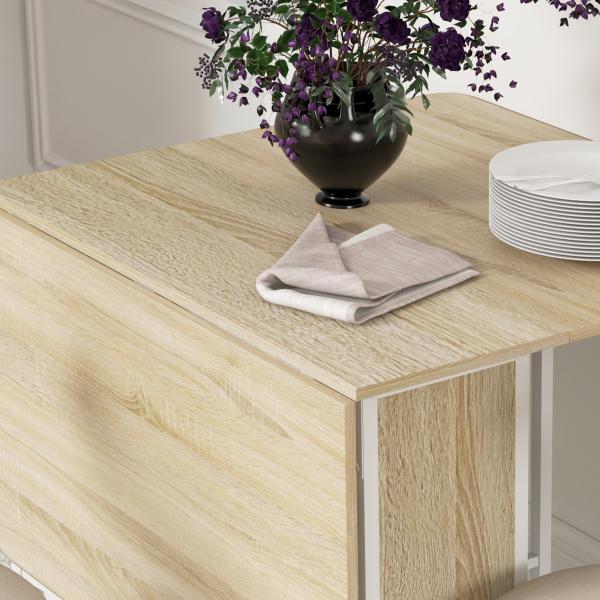 Mesa de Cozinha Dobrável Mesa de Refeição Dobrável com Rodas Laterais Abatíveis e Prateleira 130x80x74 cm Madeira e Branco