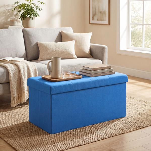 Puff de Armazenamento Banco de Armazenamento Dobrável 84 L 76x38x38 cm Estofado em Linho Sintético Azul Claro