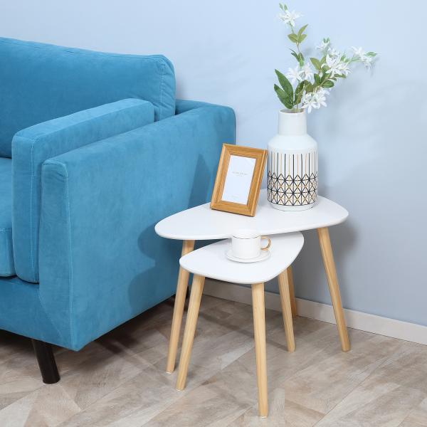 Conjunto de 2 Mesas Auxiliares com Pés de Madeira Mesas de Café 59,5x39,5x45cm e 44,5x28,5x40cm Branco