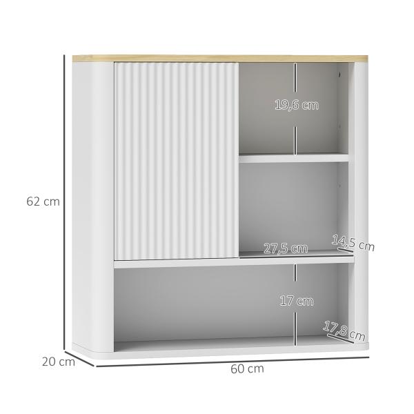 Armário de Parede para Casa de Banho com Porta Deslizante 5 Compartimentos e Prateleiras Ajustáveis 60x20x62 cm Branco