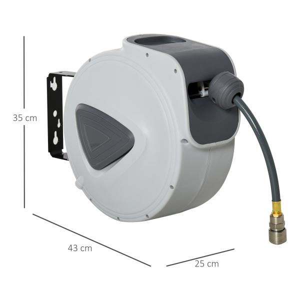 Carretel de Mangueira de Ar Comprimido Automático 20 m Conector de 1/4'' BSP Suporte de Parede Giratório 180° Cinzento
