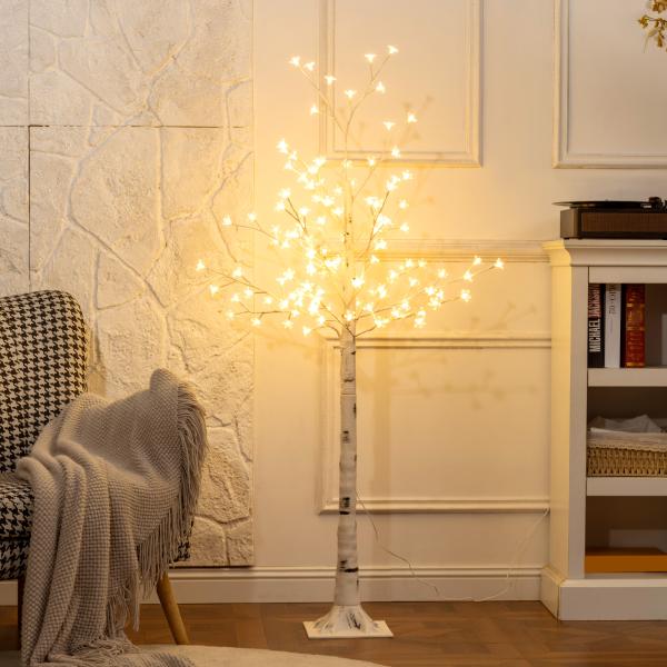 Árvore Cerejeira com 120 Luzes LED IP44 Banco Quente com Luz Ajustável em 3 Modos 21x21x150 cm Branco