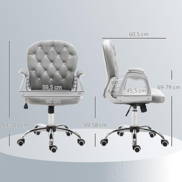 Cadeira de Escritório Estofada em Veludo Cadeira Giratória com Altura Ajustável e Decorações de Cristal 59,5x60,5x95 - 105 cm Cinzenta