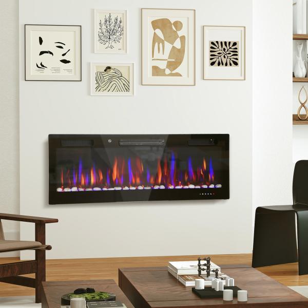 Lareira Elétrica Ultrafina de Parede e Embutir com Chama 3D Brilho/Velocidade Ajustável 12 Cores Pedras 900/1800W 127x9,4x47 cm Preto