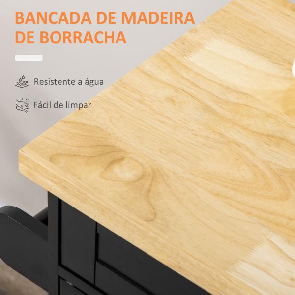 Ilha de Cozinha com Armário Portas e Prateleira Interior Ajustável Gaveta Barra e Suporte para Temperos Móvel Aparador Auxiliar com Rodas para Sala de Jantar 109x40x89cm Preto