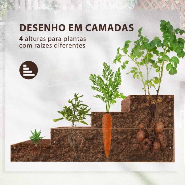 Floreira de Madeira Elevada de 4 Níveis com Desenho em Escada para Cultivos Plantas e Flores 113x113x46 cm Castanho Escuro