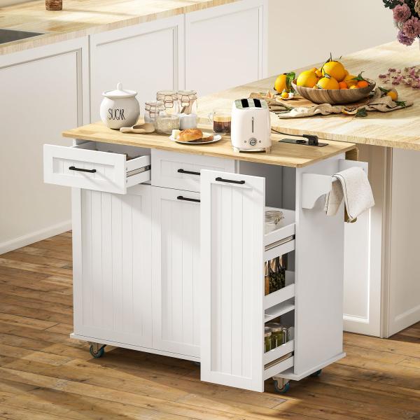 Ilha de Cozinha com Rodas Carrinho de Cozinha com Tomada USB Bancada Rebatível 2 Gavetas 119,5x74x94,5 cm Branco
