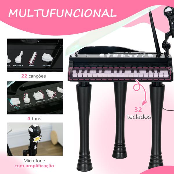 Piano Eletrónico para Crianças com 32 Teclas Microfone banco Luzes 22 Músicas 4 Tons e Volume Ajustável 37x30,5x60,4 cm Preto