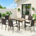 Conjunto de Mesa e Cadeiras de Jardim em Vime 7 Peças com Mesa Extensível em Madeira e 6 Cadeiras Empilháveis Creme