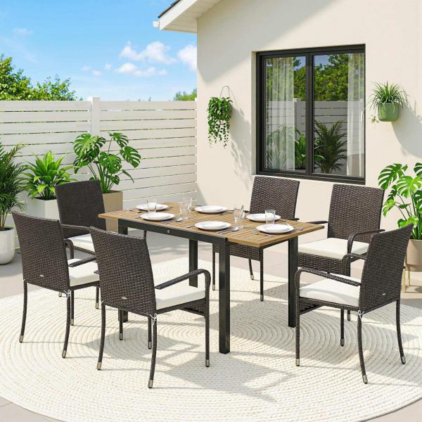 Conjunto de Mesa e Cadeiras de Jardim em Vime 7 Peças com Mesa Extensível em Madeira e 6 Cadeiras Empilháveis Creme