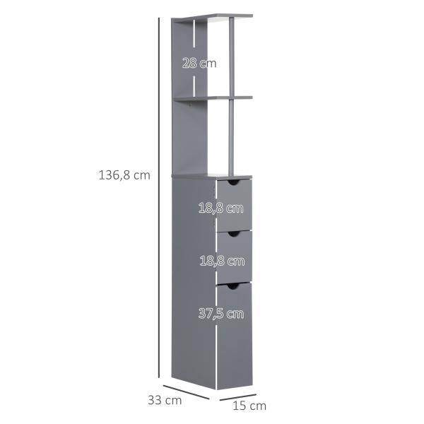 Coluna de Casa de Banho Moderno Móvel Auxiliar com 2 Prateleiras, 2 Gavetas e 1 Porta Anti - queda 15x33x136,8 cm Cinzento