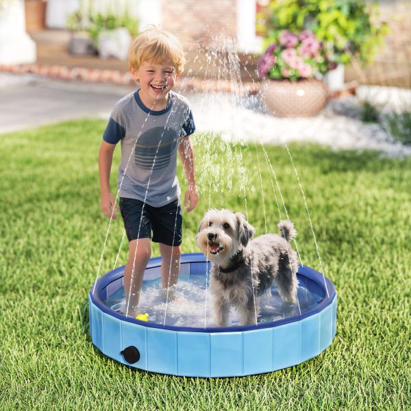 Piscina para Cães Dobrável com Aspersor Piscina Portátil em PVC Antiderrapante e Resistente ao Desgaste Ø80x20 cm Azul
